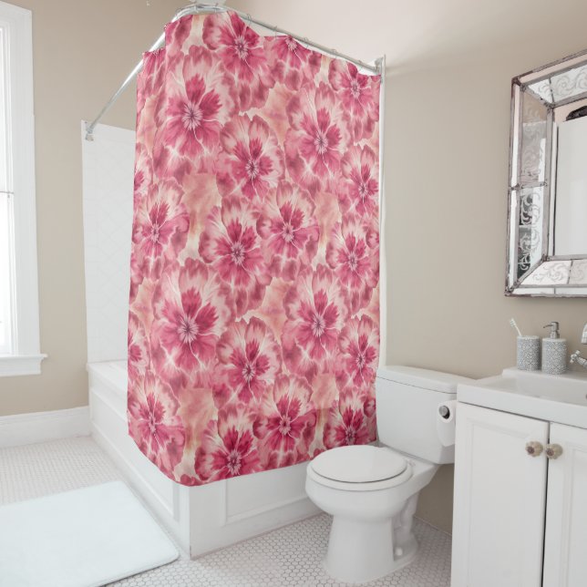 Pink Floral Tie Dye Shower Curtain (In Situ)