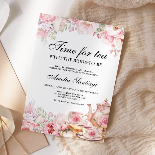 Pink Floral Time For Tea With The Bride To Be Invitation