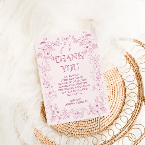 Pink Floral Toile De Jouy Girl Baby Shower  Thank You Card