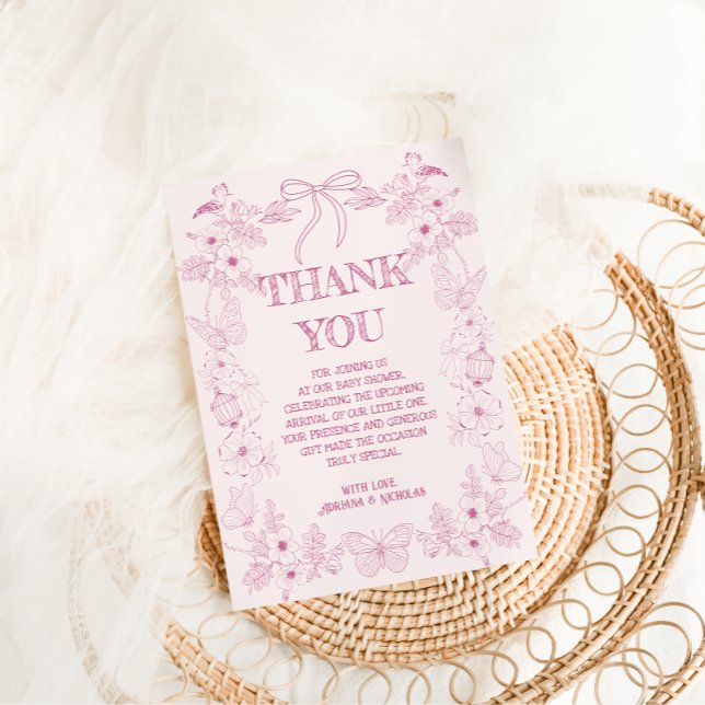 Pink Floral Toile De Jouy Girl Baby Shower  Thank You Card (Creator Uploaded)
