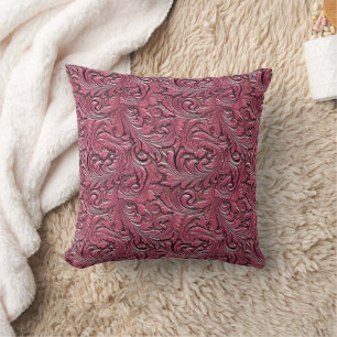 Pink floral tooled embossed leather western throw pillow