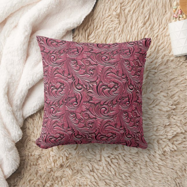 Pink floral tooled embossed leather western throw pillow (Blanket)