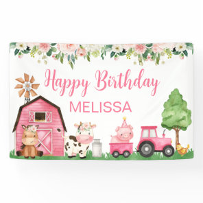 Pink Floral Tractor barn Farm Birthday Backdrop Banner