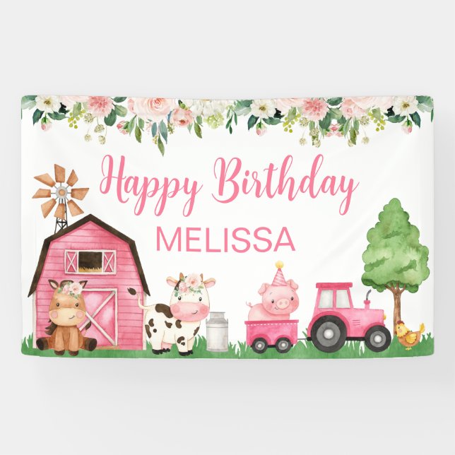 Pink Floral Tractor barn Farm Birthday Backdrop Banner (Horizontal)
