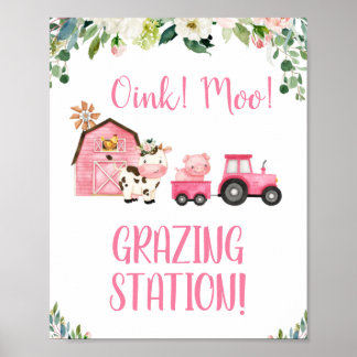 Pink Floral Tractor Farm Animals Birthday Sign