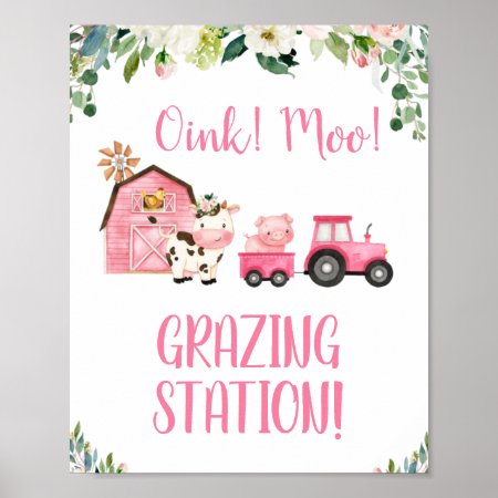 Pink Floral Tractor Farm Animals Birthday Sign