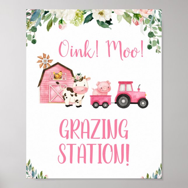 Pink Floral Tractor Farm Animals Birthday Sign (Front)