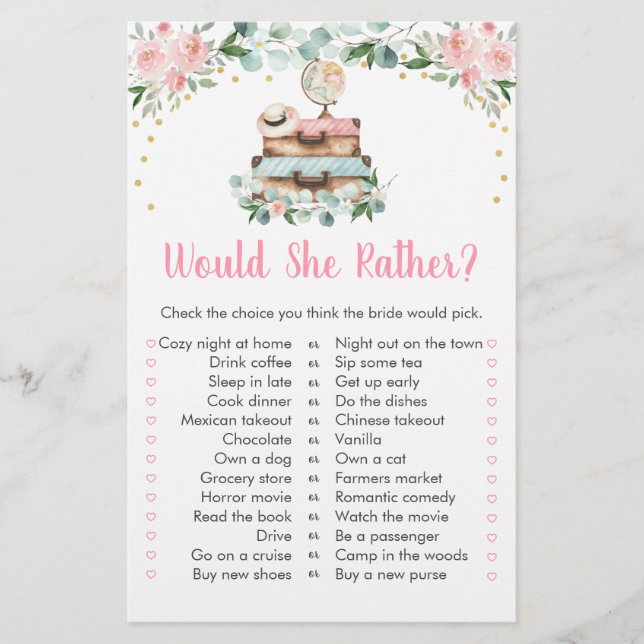 Pink Floral Travel Would She Rather Bridal Game (Front)