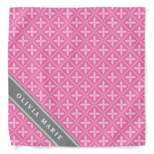 Pink Floral Trellis Pattern Grey Name Bandana