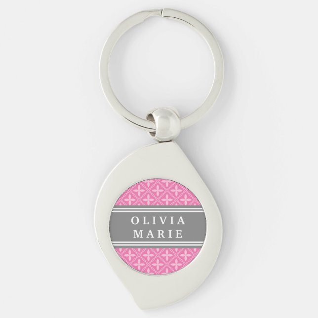 Pink Floral Trellis Pattern Grey Name Keychain (Front)