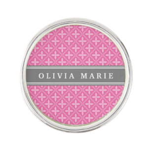 Pink Floral Trellis Pattern Grey Name Lapel Pin