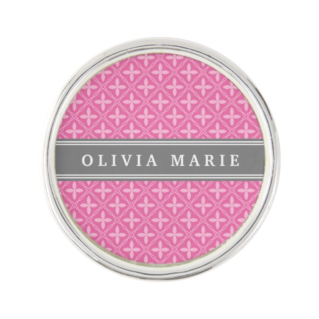 Pink Floral Trellis Pattern Grey Name Lapel Pin (Front)