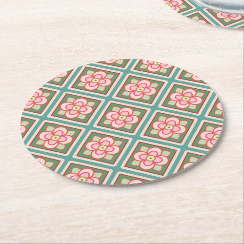 Pink Floral Trellis Vintage Flower Pattern Round Paper Coaster