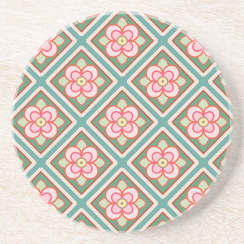 Pink Floral Trellis Vintage Flower Pattern Sandstone Coaster