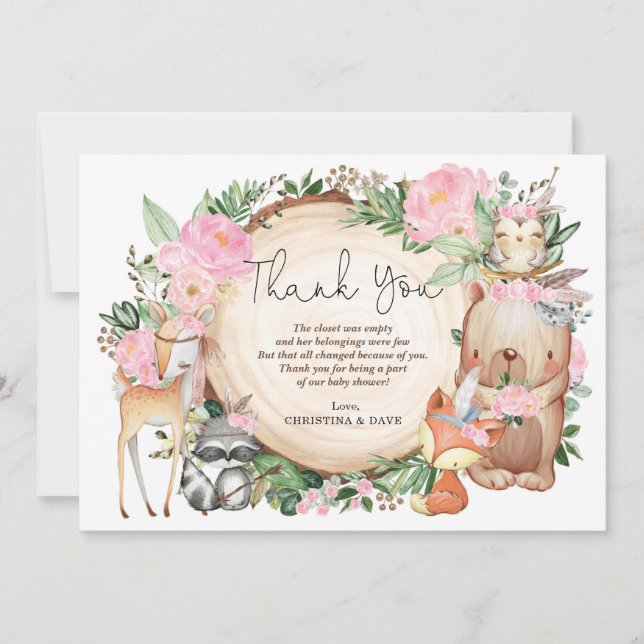 Pink Floral Tribal Woodland Baby Shower Thank You (Front)