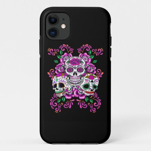 Pink Floral Triple Sugar Skull Day Of The Dead iPhone 11 Case
