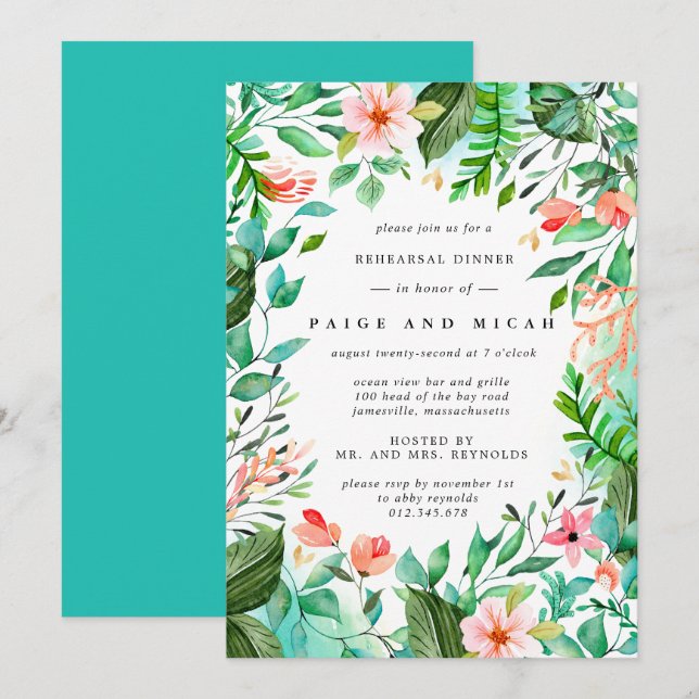Pink Floral Tropical Botanical Wedding Rehearsal Invitation (Front/Back)