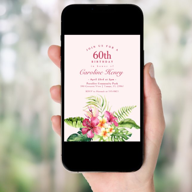 Pink Floral Tropical Hibiscus Birthday Party Invitation (Front Digital)