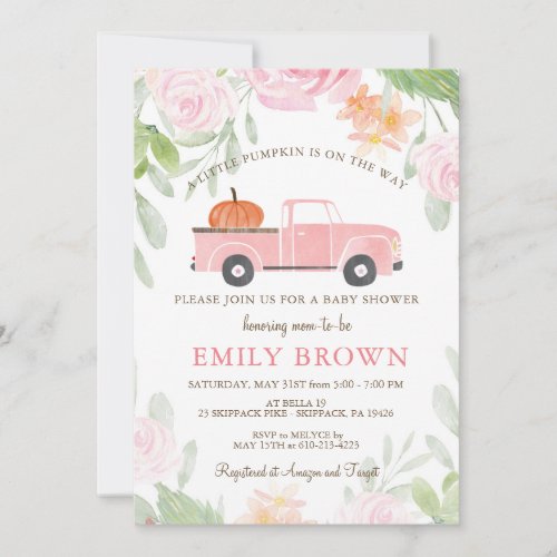 Pink Floral Truck Little PUMPKIN GIRL BABY SHOWER Invitation