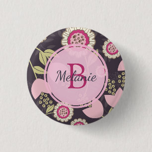 Pink Floral Tulip Pattern Monogram Button