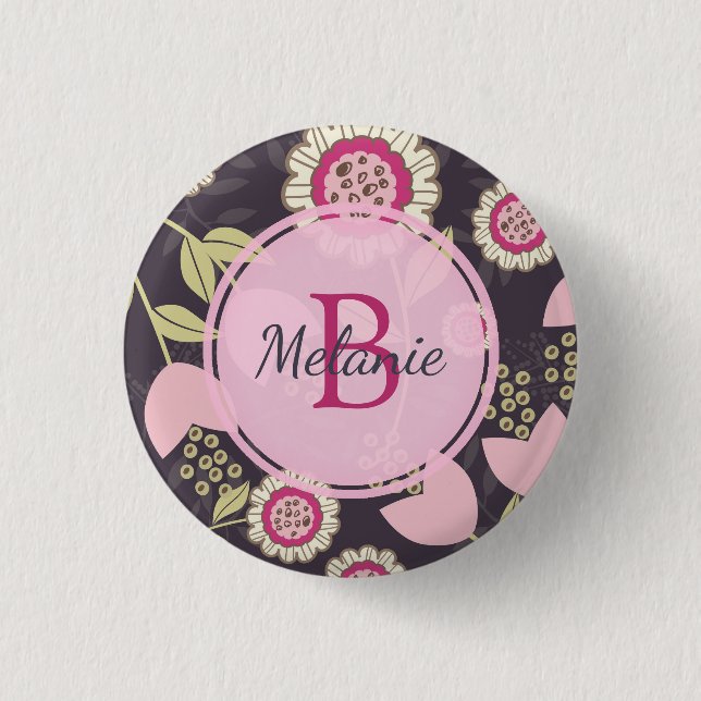 Pink Floral Tulip Pattern Monogram Button (Front)