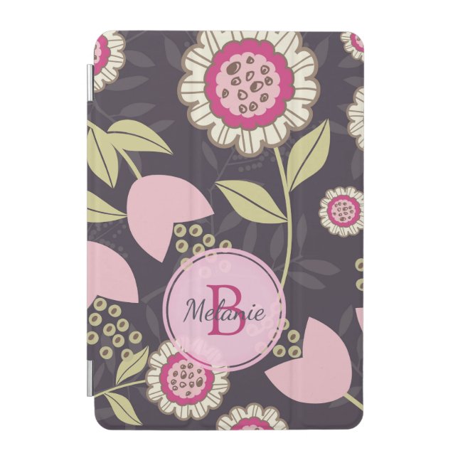 Pink Floral Tulip Pattern Monogram iPad Mini Cover (Front)
