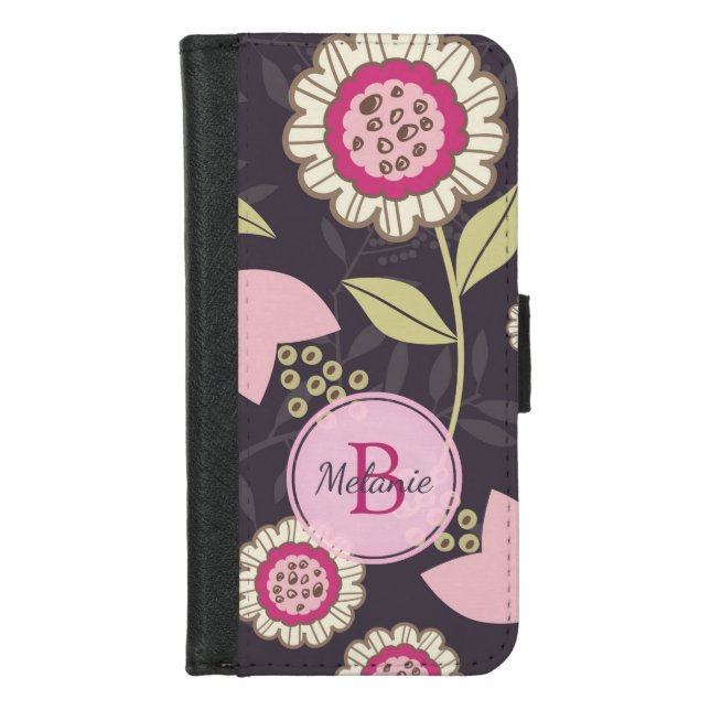 Pink Floral Tulip Pattern Monogram iPhone Wallet Case (Front)