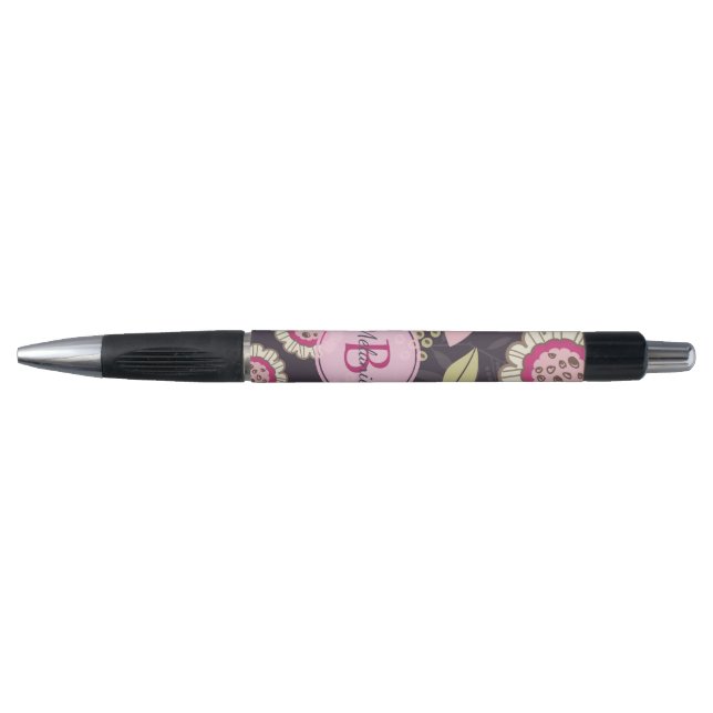 Pink Floral Tulip Pattern Monogram Pen (Front)