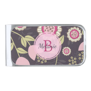 Pink Floral Tulip Pattern Monogram Silver Finish Money Clip