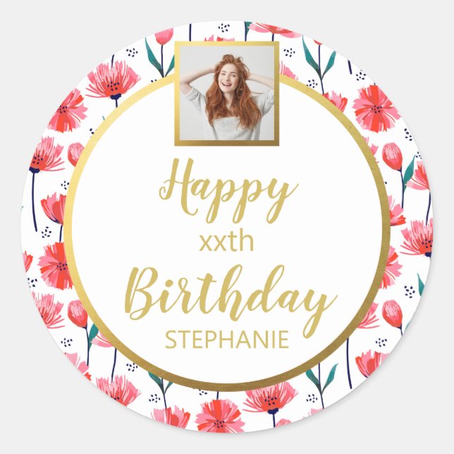 Pink Floral Tulips, Add Photo, Happy Birthday Classic Round Sticker (Front)