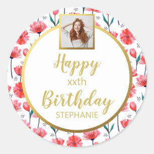 Pink Floral Tulips, Add Photo, Happy Birthday Classic Round Sticker