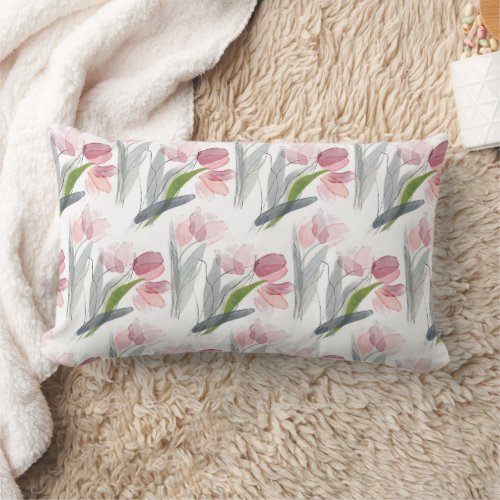 Pink Floral Tulips  Sage Green Leaves White Lumbar Pillow