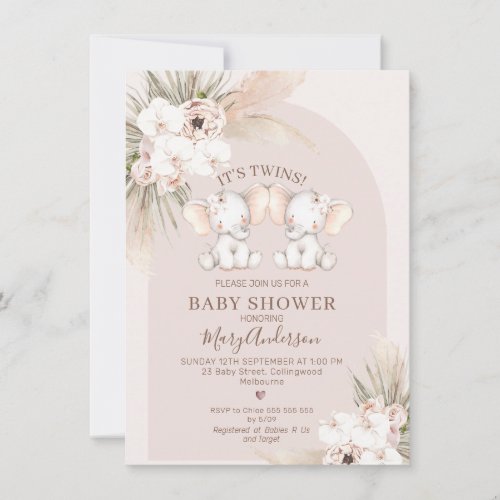 Pink Floral Twin Arch Elephants Baby Shower Invitation