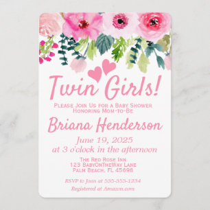 Pink Floral Twin Girls Baby Shower Invitation