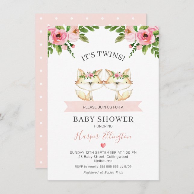 Pink Floral Twin Girls Fox Baby Shower Invitation (Front/Back)