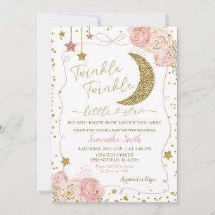 Pink Floral Twinkle Twinkle Handdrawn Baby Shower Invitation