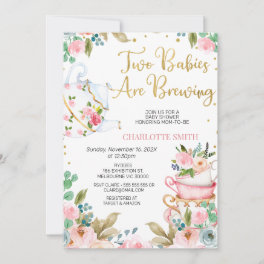 Pink Floral Twins Baby is Brewing Baby Shower Invitation