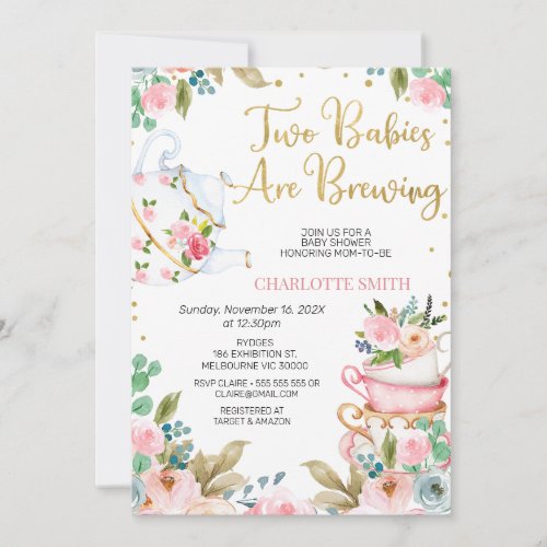 Pink Floral Twins Baby is Brewing Baby Shower  Invitation