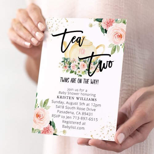 Pink Floral Twins Tea For Two Baby Shower  Invitation