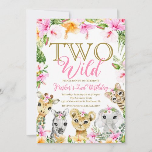 Pink Floral Two Wild Jungle Safari Birthday Girl Invitation