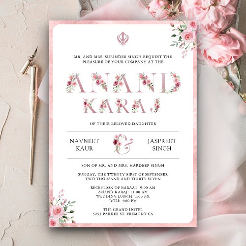 Pink Floral Typography Anand Karaj Sikh Wedding Invitation