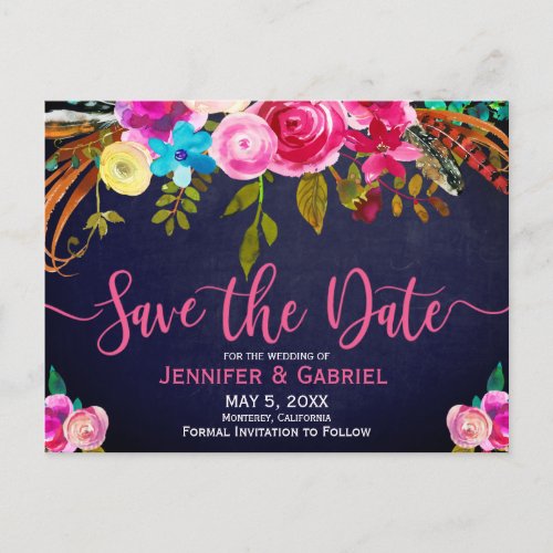Pink Floral Typography on  Blue Save the Date Announcement Postcard