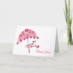 Pink Floral Umbrella, Bridal Shower Letterpress Thank You Card