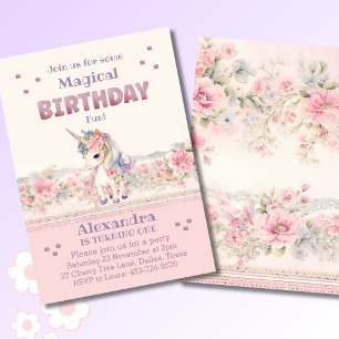 Pink Floral Unicorn Baby Girl 1st Birthday Invitation