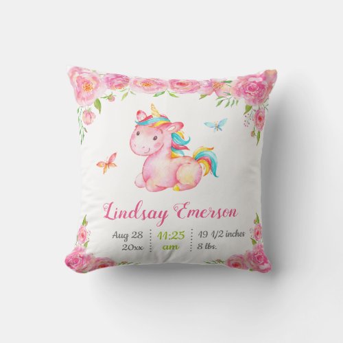 Pink Floral Unicorn Baby Girl Gift Nursery Decor Throw Pillow