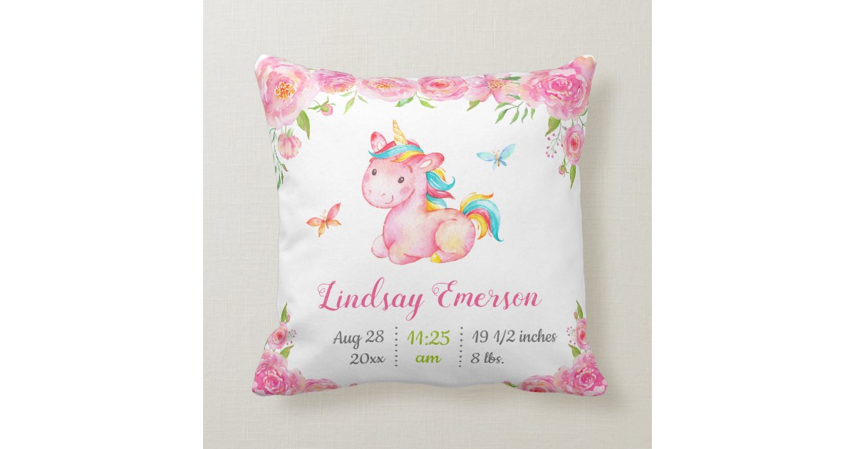 Pink Floral Unicorn Baby Girl Gift Nursery Decor Throw Pillow