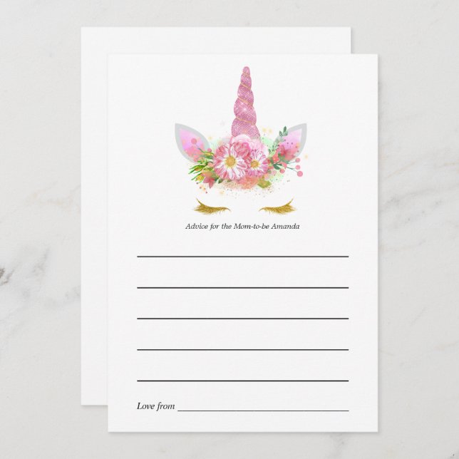 Pink Floral Unicorn Baby Shower Advice Card (Front/Back)