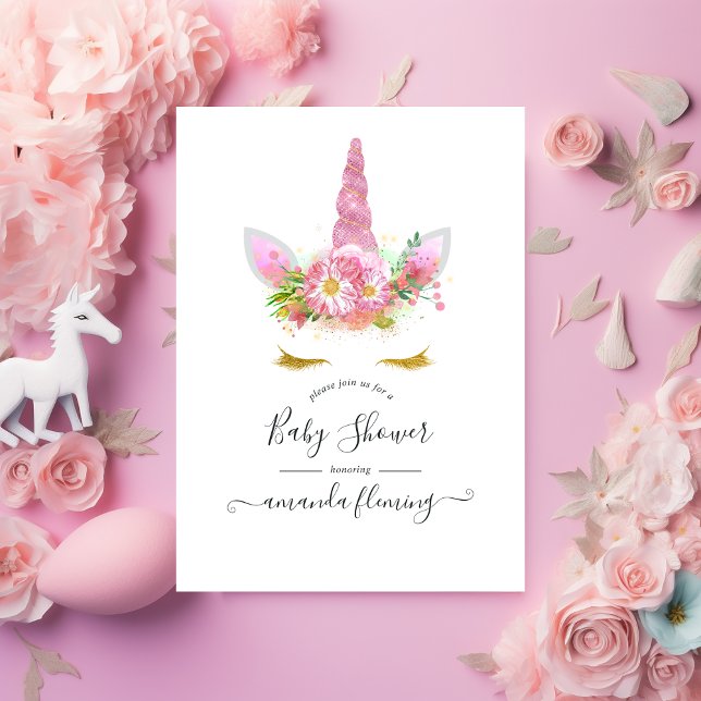 Pink Floral Unicorn Baby Shower Invitation (Creator Uploaded)