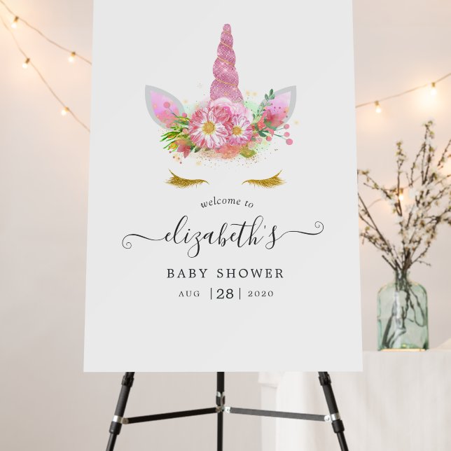 Pink Floral Unicorn Baby Shower Welcome Foam Board (In Situ (Stand))