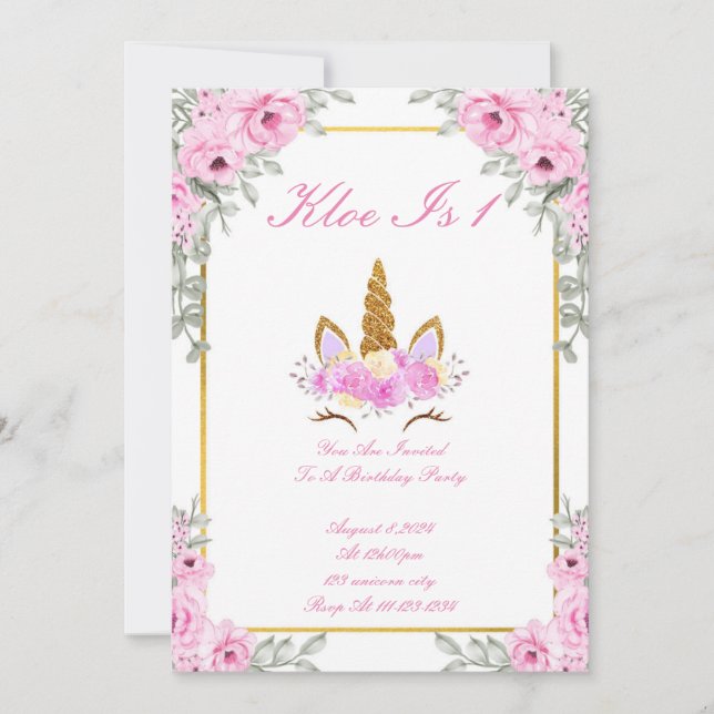 PINK FLORAL UNICORN BIRTHDAY INVITATION (Front)